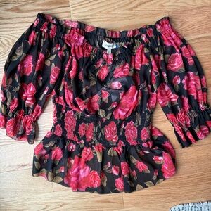 L'AGENCE Aubriella Floral Black Off-Shoulder Blouse, Ruched Waist & Sleeve Sz S